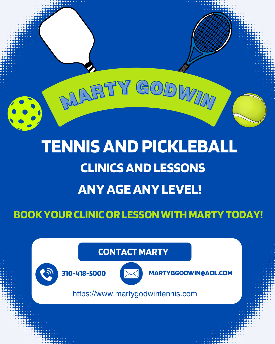 TENNIS AND PICKLEBALL - CLINICS AND LESSONS - ANY AGE ANY LEVEL! - BOOK YOUR CLINIC OR LESSON WITH MARTY TODAY!